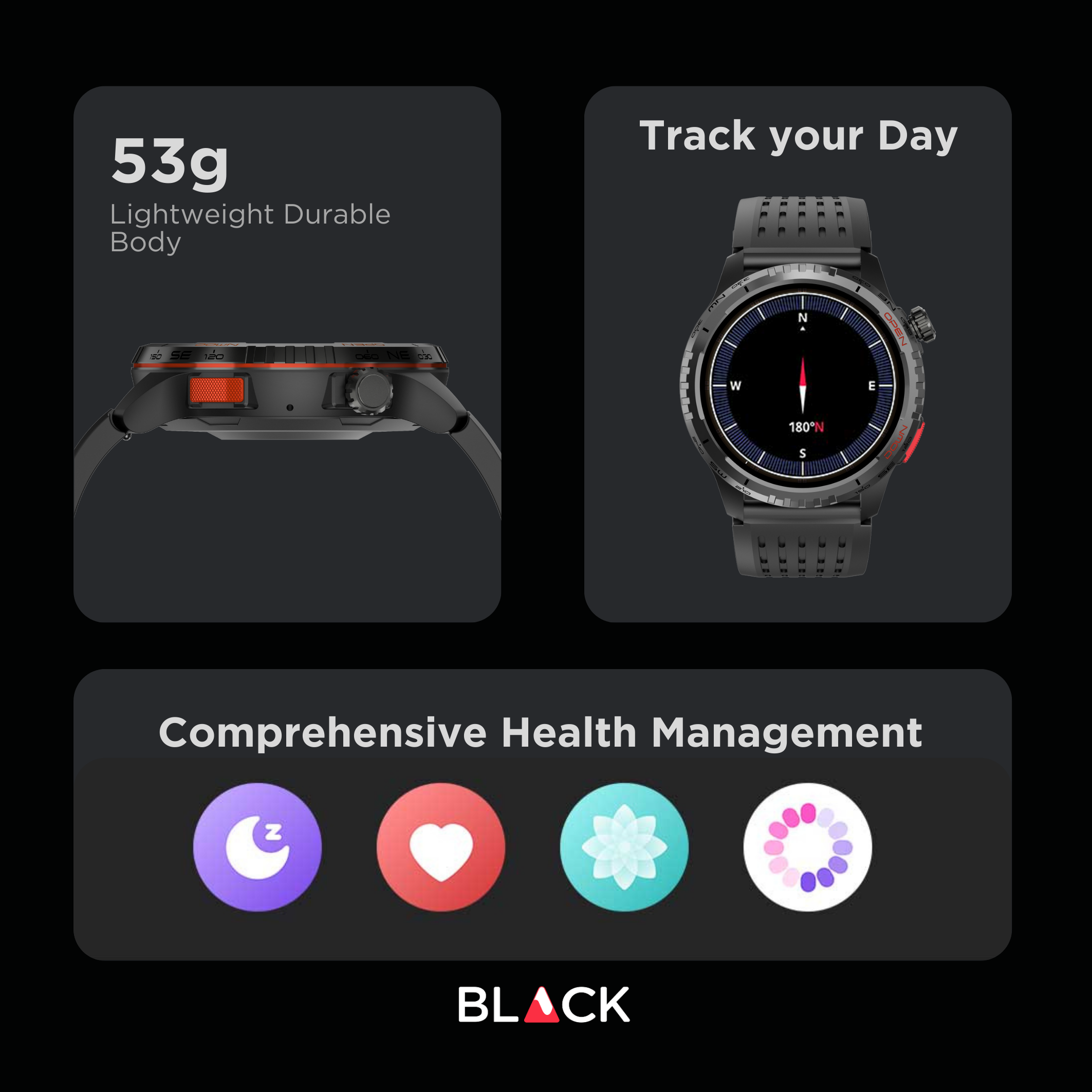 BLACK Fit X GPS Waterproof Health Monitor Smartwatch, Upto 15 Day battery, AMOLED Always ON screen, 1Yr Warranty BLACK Fit X GPS Waterproof Health Monitor Smartwatch, Upto 15 Day battery, AMOLED Always ON screen, 1Yr Warranty